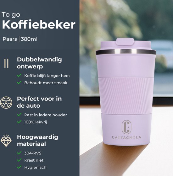 Castagnola Thermos Cup - Coffee Mug To Go - Travel Mug for Coffee and Tea - Tea Mug - 380 ML - stainless steel - Light Purple