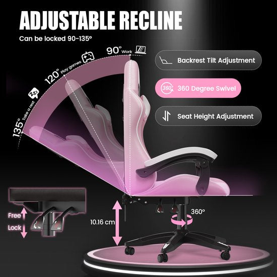 Fauteuil gaming Bigzzia - Fauteuil de bureau ergonomique en cuir PU - Réglable en hauteur - Avec coussin lombaire et appui-tête - Fauteuil gaming confortable pour adultes - Filles et garçons