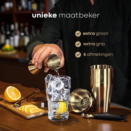 BarDeluxe® Cocktail Set - 3 pièces 750 ml Cocktail Shaker with Jigger & Stamper - Includes Dutch Recipe Book - Luxury Gift - Gold