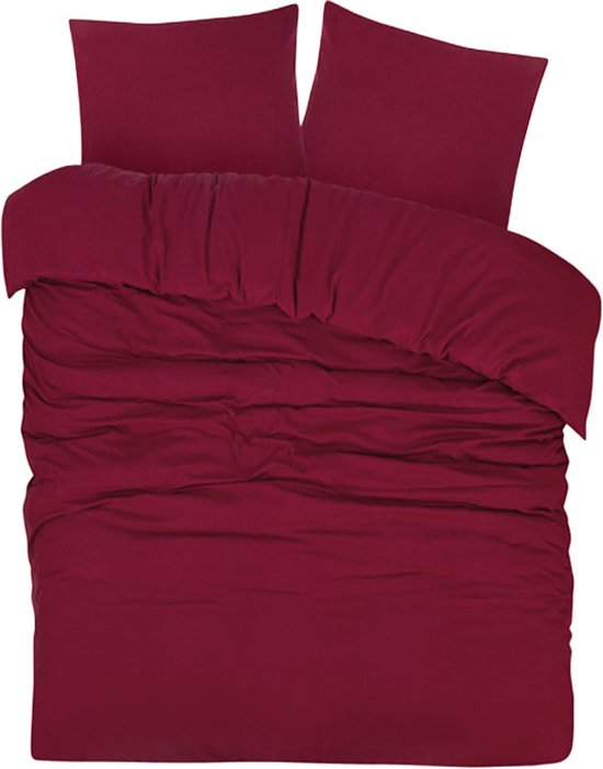 DoubleDry Housse de couette Flanelle 100% coton doux - Lit double 200x200/220 cm + 2 Taies d'oreiller - Respirante et douce pour la peau - Bordeaux