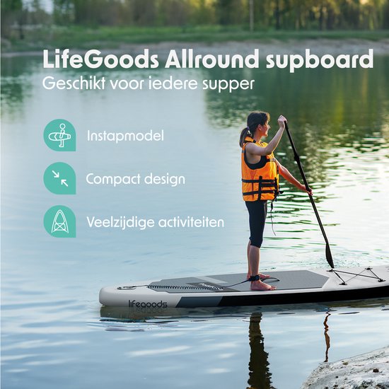 LifeGoods SUP Board All-round Compact - Capacité de charge 100 KG - 300 x 76 cm - Gonflable - Pack SUP complet - Blanc/Noir
