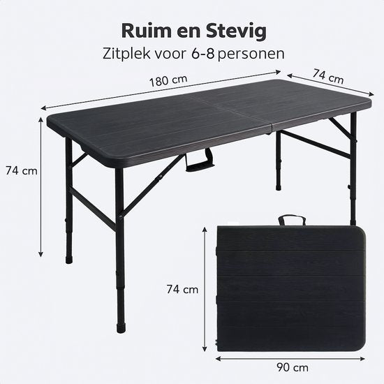 LifeGoods Table pliante - 180x74 cm - Table pliante robuste - Résiste aux intempéries - Table de salle à manger pliante - Table de camping - Table pliante pour l'intérieur et l'extérieur - Aspect grain de bois noir