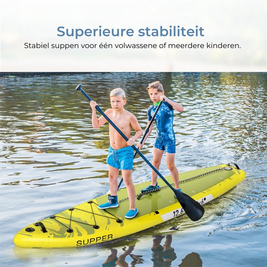 Supper Sup Board XL - Max. 220KG - Gonflable - Planche à pagaie - Pagaie réglable - Etui de téléphone étanche - Pompe - Palmes - Leash - Sac de transport - Touring 381 x 81 cm - Vert lime