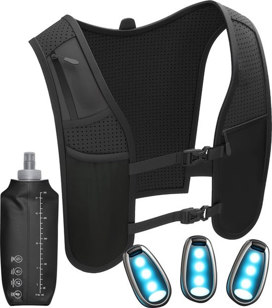 Nuvance Running Vest - 3x LED - Gilet de course à pied avec éclairage - Gilet de course à pied - Gilet de course à pied avec poche pour bouteille d'eau et téléphone - Universel