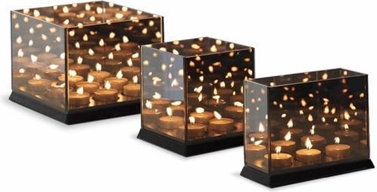 Liva Living - Porte-lumière d'ambiance Magic Cube - 3 bougies & 20 x 9 x 15 cm - avec miroir teinté et effet de réflexion infini - pour l'intérieur et l'extérieur - verre noir et Mdf