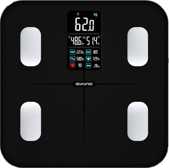 Pèse-personne Auronic - Analyse corporelle et pourcentage de graisse - Numérique - 15 mesures - Noir