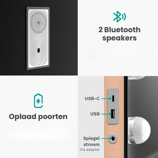 Mirlux Hollywood Mirror 80x60CM - 2 haut-parleurs Bluetooth - ports de charge USB et USB-C - éclairage LED - miroir de maquillage - zoom 10x - suspendu - or rose