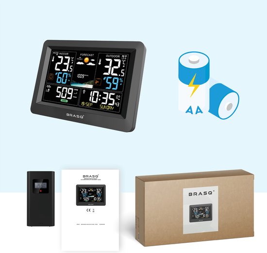 BRASQ Station météo intérieure et extérieure sans fil avec compteur de CO2 - Hygromètre - Avec capteur extérieur jusqu'à 60 mètres - Humidimètre - Thermomètre - Baromètre - piles incluses