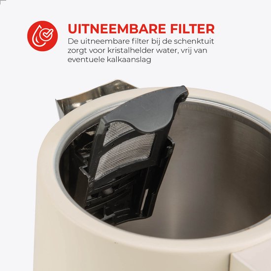 Bourgini Harmony - Bouilloire - acier inoxydable - Crème avec éléments en hêtre véritable - 1.7L - Light design