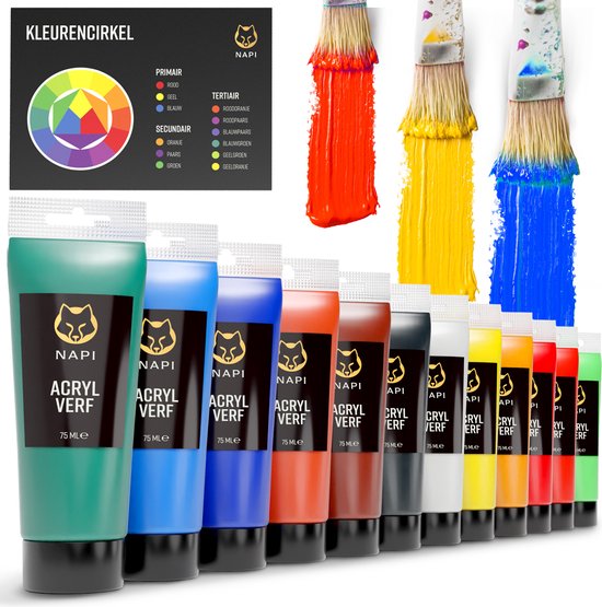NAPI Peinture Acrylique 12x75 ML - Grandes Bouteilles - Cercle de couleurs inclus - Set Advantage - Peinture Hobby - Peinture Acrylique - 12 Couleurs