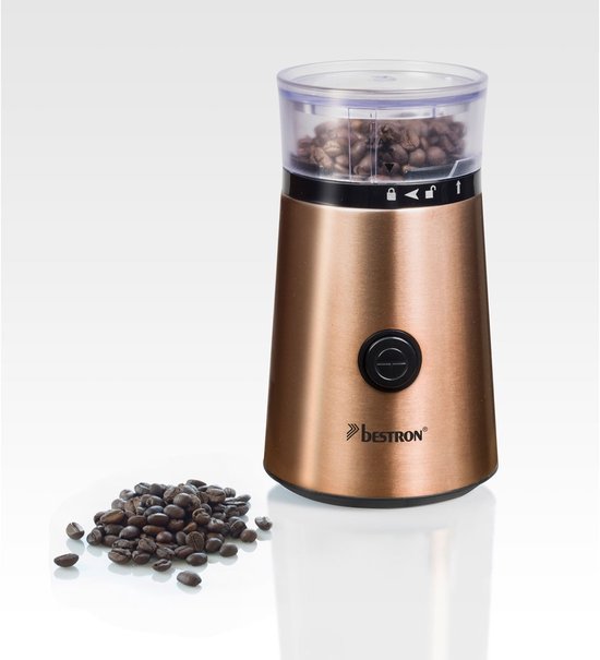Bestron ACG1000CO Moulin à café électrique - 150W - Couteaux en acier inoxydable - Capacité de 50g - Couleur cuivre - Pour grains de café et épices - Garantie 5 ans