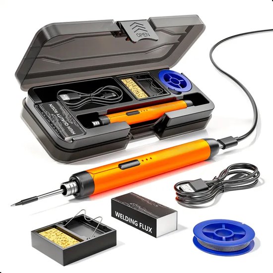Tech Essentials Fer à souder sans fil - 8W - USB-C - avec étain - kit - soudure fine - stylo - batterie - set de soudure - souder - outil électrique - orange