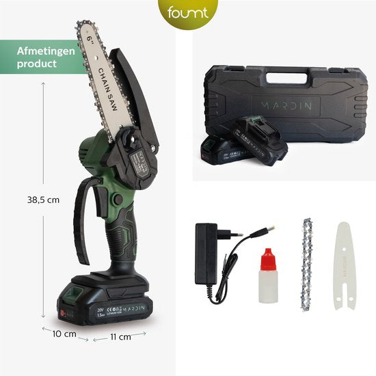 Mini tronçonneuse Mardin - Scie à branches électrique - Scie d'élagage - Scie à bois - Scie à main - Scie à arbre - Taille-haie - 2 piles - Coffret de rangement - Vert