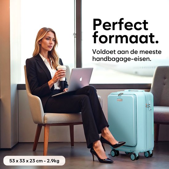 Skycases Hand Luggage Suitcase 35L - Lightweight Trolley - Spinner Wheels - TSA Lock and Laptop Compartment - Travel Suitcase with Handy Front Pocket - 55 cm - Light Blue