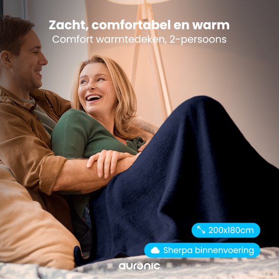 Couverture électrique Auronic - Couverture chauffante - Polaire Sherpa - 9 niveaux de chaleur et minuterie - Couverture - 200x180 - 2 personnes - Bleu