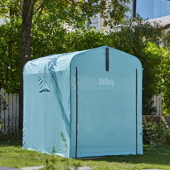 SoBuy KLS11-BL Abri de jardin, abri de jardin extérieur, imperméable, abri moteur avec crochets, garage pour vélo et outils, abri vélo, rangement et stockage, bleu clair, 120 x 176 x 163 cm