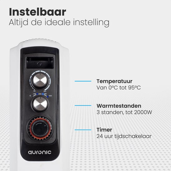 Auronic Radiateur à Huile avec Thermostat - Chauffage 2000W - Chauffage électrique - Minuterie - 3 niveaux - Blanc