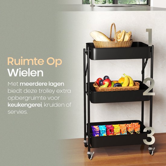O'DADDY® Kitchen Trolley Collapsible - 3 Layers - Serviteur sur roues - Chariot de cuisine - Table roulante - Chariot de rangement - Chariot de rangement - Support de cuisine - Noir