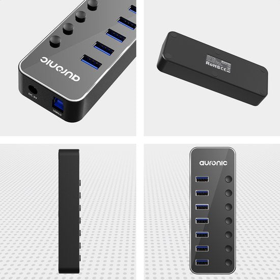 Auronic USB Hub 3.0 - Répartiteur USB avec 7 ports - avec alimentation - 5 GBP - Indication Led - Noir