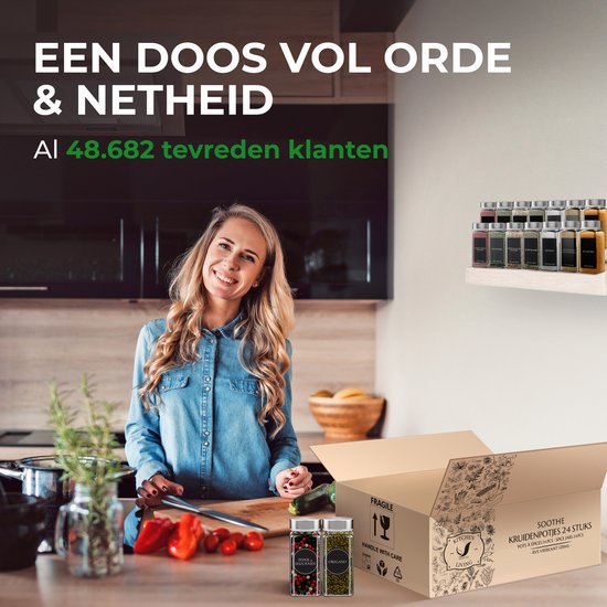 Soothe 24 pots à épices carrés en verre avec couvercle en acier inoxydable - 2 types de couvercles à saupoudrer - Spice Spreader - pots à épices - Set complet avec stickers à épices, stick à craie et accessoires - 120ml