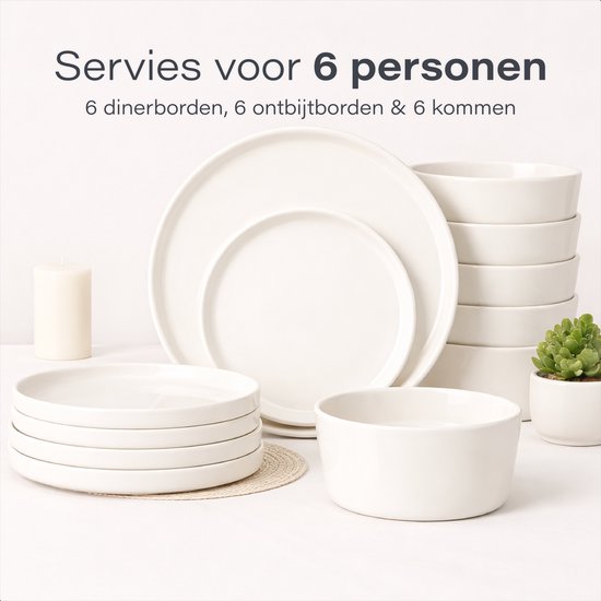 Service de vaisselle Luft 6 personnes - Service d'assiettes de restaurant - Bols - Assiettes plates - Moderne - Faïence massive, céramique - Crème/beige/blanc - 18 pièces