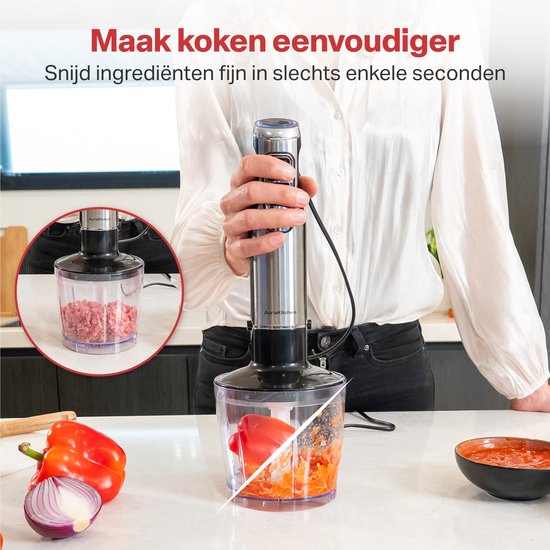 Pied mixeur - AoraKitchen - Set de 6 Piece - 1000W - Turbo - Mousseur à lait - Hachoir - Verre doseur - Fouet