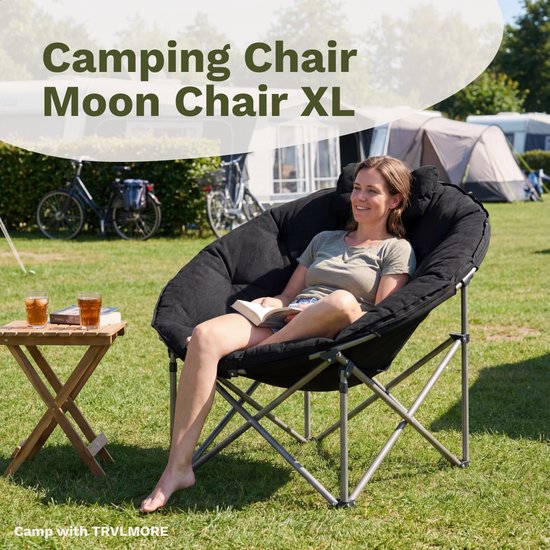TRVLMORE Chaise de camping XL - pliable - capacité de charge de 150 kg - sac de transport inclus - chaise pliante - chaise de camping - chaise pliante - noir