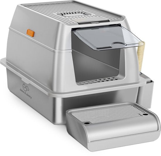 Bac à litière en acier inoxydable Jake and Jacky - Toilette pour chat en acier inoxydable - avec pelle à litière et support et marche de ramassage des gravillons - bac à litière ouvert 2 en 1 avec couvercle amovible - 60x40x38cm