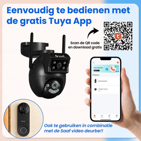 Caméra de sécurité extérieure - 2 pièces - Wifi et 256GB - Caméra extérieure avec vision nocturne - Double objectif - Noir - par Saaf