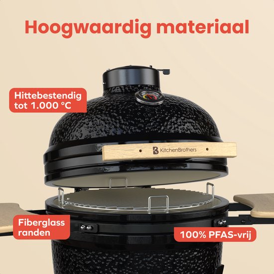 KitchenBrothers Kamado BBQ - 18 Inch Charcoal Barbecue - 38.5⌀ cm - Set complet - Egg BBQ avec accessoires incluant le couvercle - Noir
