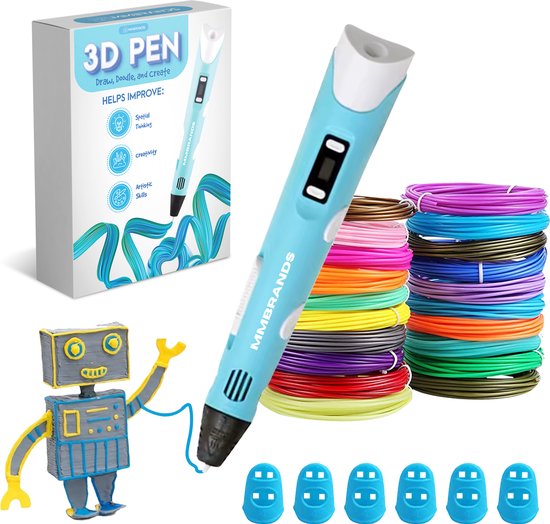 Pack de démarrage stylo 3D MM Brands - Comprend 100m de filament en 10 couleurs - Câble de charge extra long - Convient pour le filament ABS & PLA - Bleu