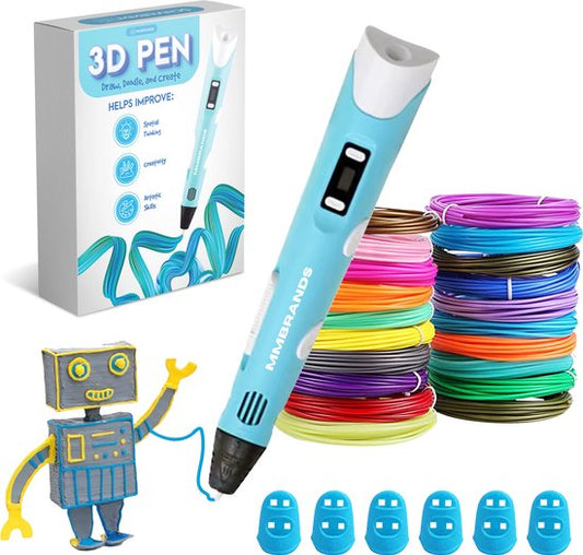 Pack de démarrage stylo 3D MM Brands - Comprend 100m de filament en 10 couleurs - Câble de charge extra long - Convient pour le filament ABS & PLA - Bleu