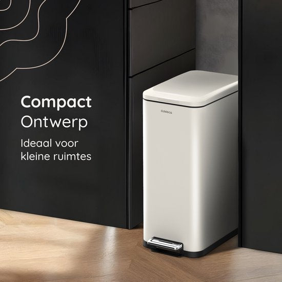 Deleca Poubelle Prestige - 50 Litres - Etroite - Acier inoxydable Poubelle / Corbeille à papier / Poubelle à pédale - Avec pédale et fermeture lente - Blanc crème