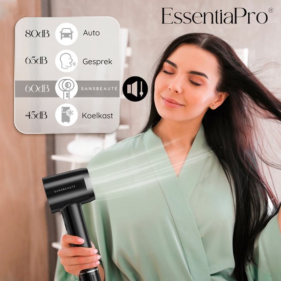Sansbeauté® Sèche-cheveux avec diffuseur - Boucles - 110 000 tr/min - Sèche-cheveux ionique avec brosse - 3 niveaux - 3 accessoires - Sèche-cheveux de voyage - Coolshot - Sèche-cheveux avec diffuseur - Sèche-cheveux - 2000W - EssentiaPRO®.