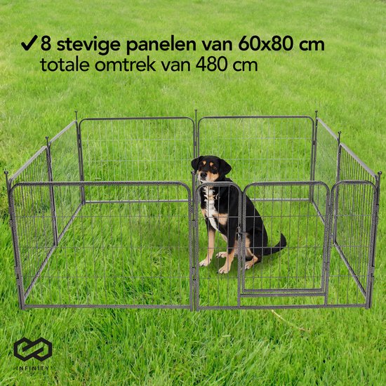 Infinity Goods Hondenren - Puppyren - 8 Panelen - 60 x 80 CM - 480 CM Omtrek - Opvouwbaar - Met Deur - Staal - Zwart