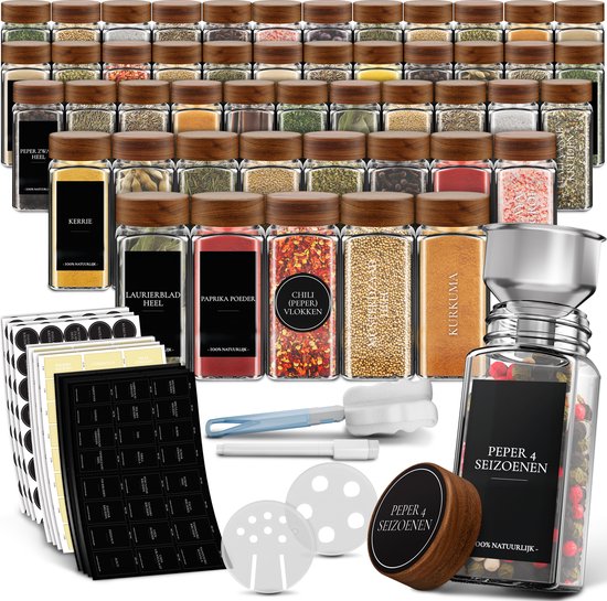 Soothe 48 pots à épices carrés en verre avec couvercle en acacia - 2 types de couvercles à saupoudrer - Spice Spreader - pots à épices - set complet avec stickers à épices, stick à craie et accessoires - 120ml