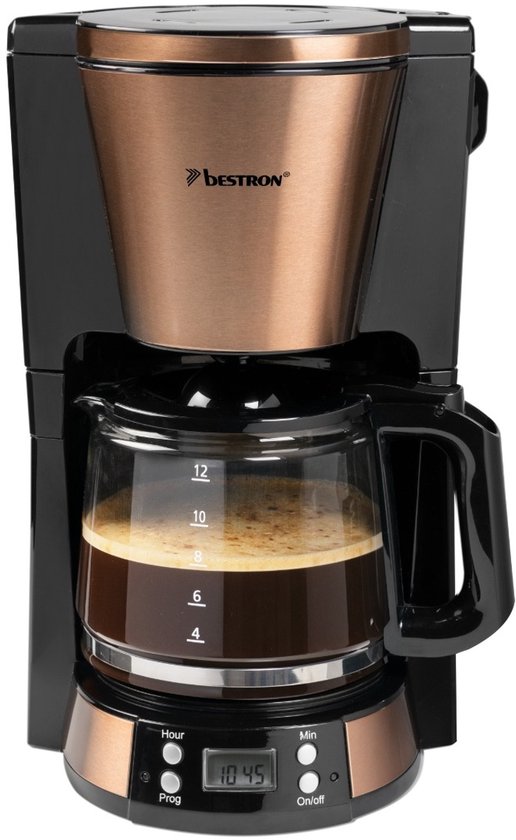 Bestron ACM800CO Cafetière - 1.5L - 12 Tasses - Minuterie programmable - Plaque chauffante - Filtre permanent - 1000W - Cuivre