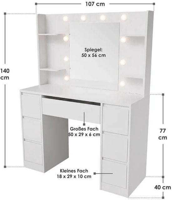 Malia coiffeuse / table de maquillage - Miroir et LED inclus - Blanc