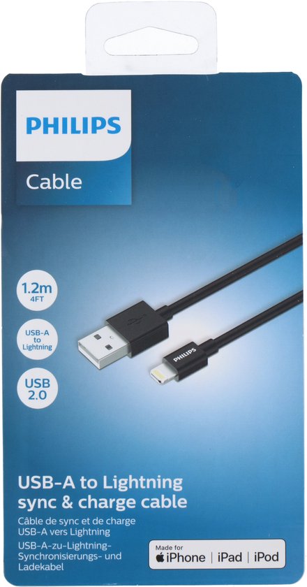 PHILIPS - Câble USB-A vers Lightning - DLC3104V/03 - Câble de 1,2 mètre - Chargement et synchronisation - Remplacement du câble Lightning d'Apple - Noir