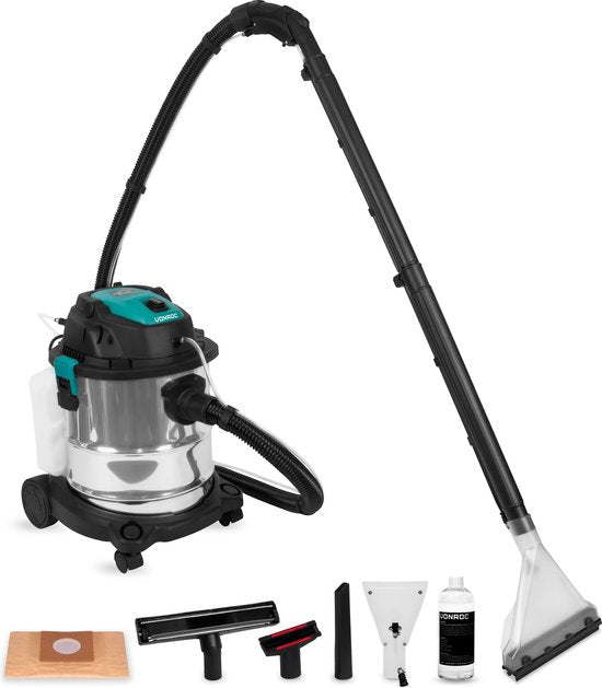 VONROC Nettoyeur de tapis 1400W - Aspirateur tout usage - pour l'aspiration humide et sèche - avec détergent et différents embouts d'aspiration