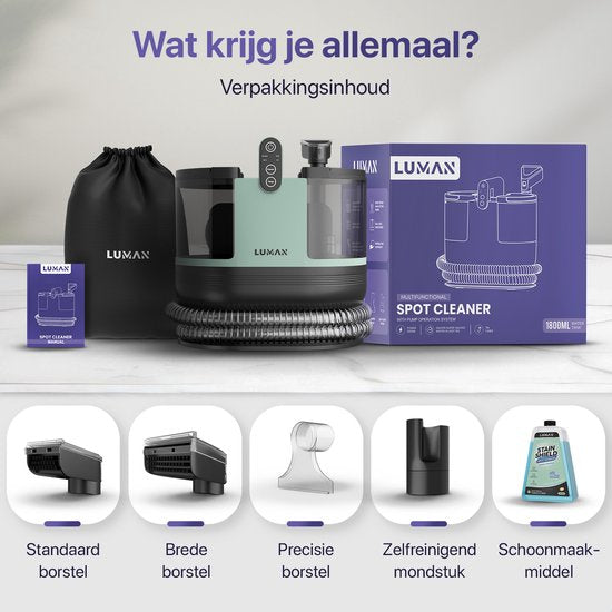 LUMAN Nettoyeur de tapis 4 en 1 - Fonction chauffante et autonettoyante - Nettoyeur de taches - Nettoyeur de sièges - Nettoyeur pour canapé, sol, voiture et tapis - 4 brosses - Produit nettoyant inclus - Cordon de 7 mètres