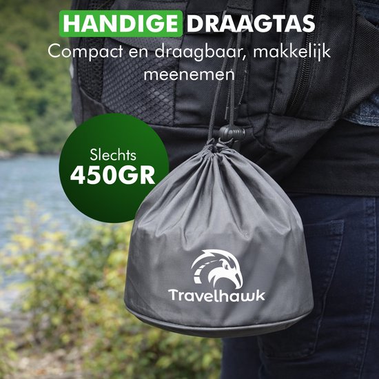 Travelhawk Batterie de cuisine de camping - Batterie de casseroles - Aluminium - 8 pièces - Batterie de casseroles de camping - Comprend une éponge, une spatule, une cuillère, des bols et un sac de transport pratique.