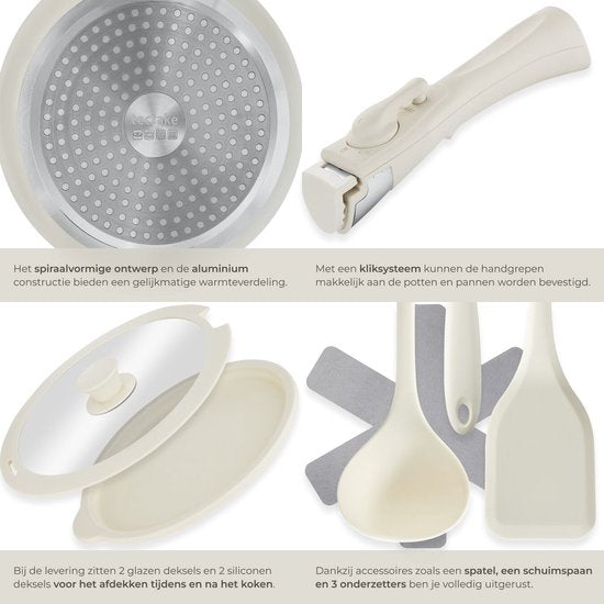 tectake® Ensemble de casseroles modernes 16 pièces - 3 poêles à frire - 2 poêles de cuisson - Convient à l'induction - Comprend des couvercles, des poignées amovibles et des protections - Poêles en aluminium avec revêtement antiadhésif en céramique - Conv