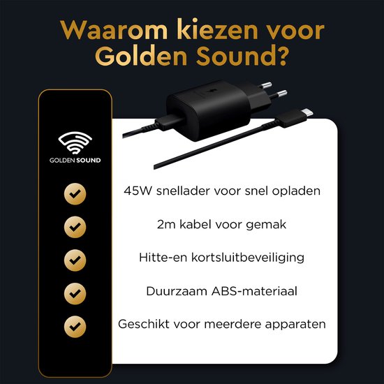 Golden Sound original 45W fast charger - USB C Fast Charger - 2 metre charging wire - Power adapter - Charger suitable for Samsung
