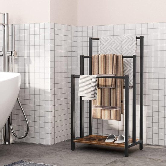 Ceruzo Porte-serviettes - Industriel - Autoportant - Métal - 3 Bras - Noir mat - aspect bois Salle de bain/cuisine