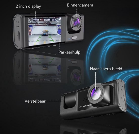 Tech Essentials® Dual Dashcam S1-Wifi pour voiture - Avec caméra arrière universelle - Full HD - Avec carte Micro SD 64GB - Avec vision nocturne - APP | Avant et arrière