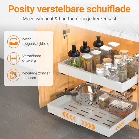 Posity Tiroir coulissant - Organisateur de meuble de cuisine - Organisateur de meuble/tiroir d'évier - tiroir intérieur de cuisine - Extensible et ajustable (43-67 cm) - Télescopique - Blanc