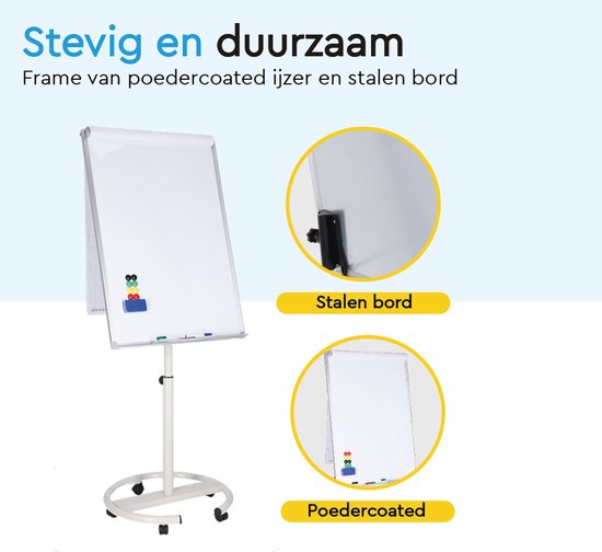 BRASQ Flipchart Mobile Deluxe - 70x100 cm - Tableau blanc ajustable - 25 feuilles de papier et accessoires inclus - avec bras extensibles - Tableau magnétique avec crochets - Tableau magnétique - Blanc