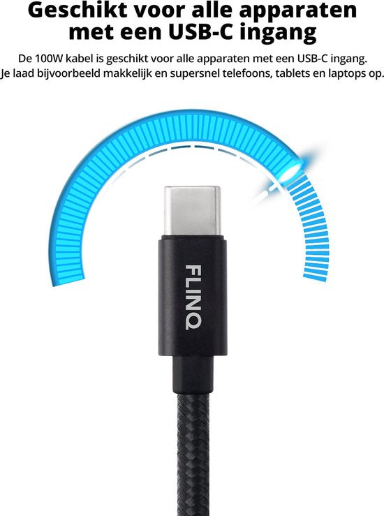 FlinQ - 2x USB C to USB C Cable 100W - Chargeur rapide pour Smartphone, Tablette - Câble de données et chargeur - Câble de charge en nylon de 2 mètres de long