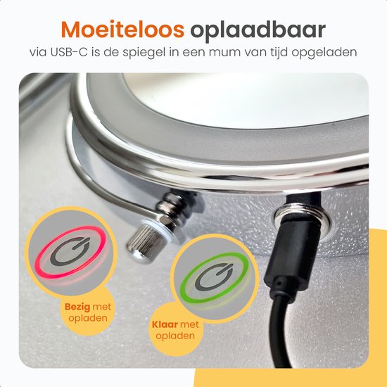 Goliving Miroir de maquillage avec éclairage - Ø25 cm - grossissement 10x - miroir de maquillage graduable - miroir de rasage - éclairage LED - rechargeable par USB-C - double face - 27 x 27 cm - chrome